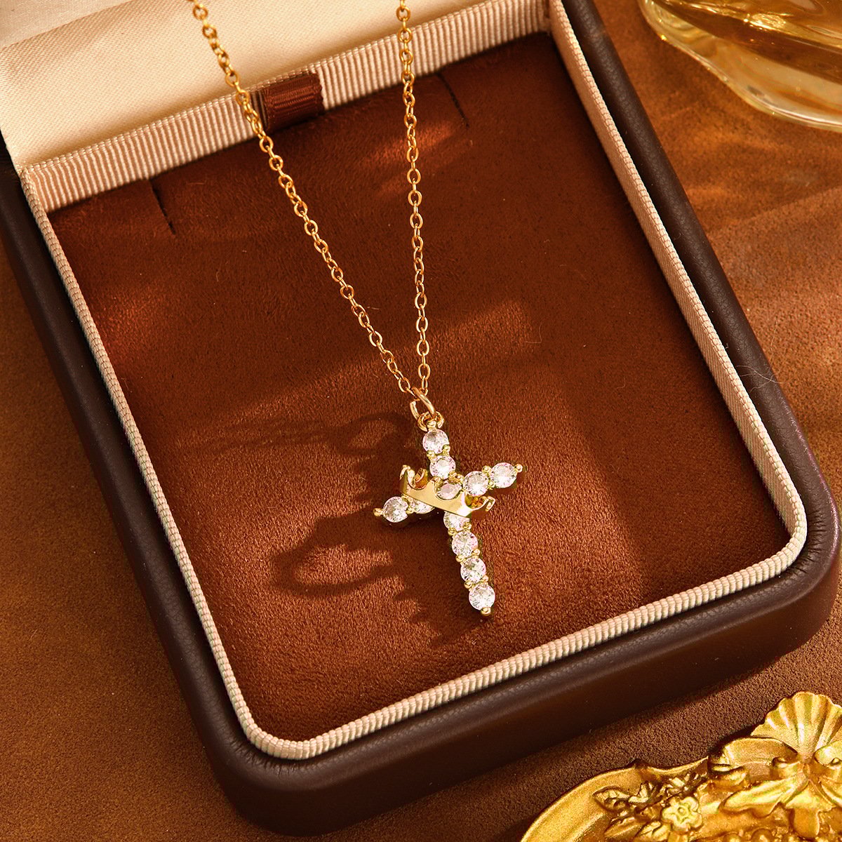 ✨ 14K Gold Plated Crown Cross Necklace
