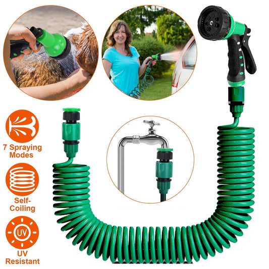 💦 Flexible Self-coiling Water Hose with 3/4” and 1/2” Adapter