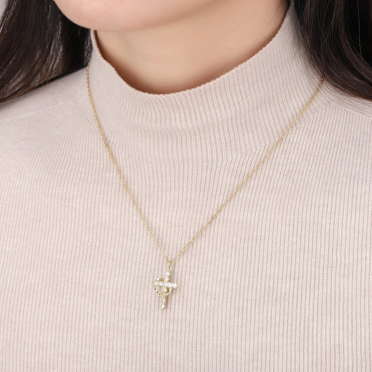 ✨ 14K Gold Plated Crown Cross Necklace