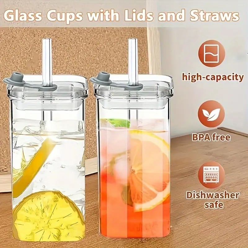 4 Pack Glass Cups with Lids and Straws 13oz Square Glasses Drinking Set
