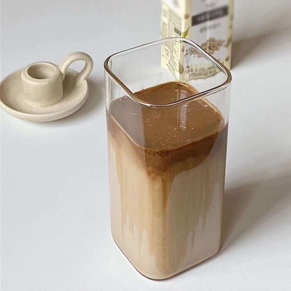 4 Pack Glass Cups with Lids and Straws 13oz Square Glasses Drinking Set
