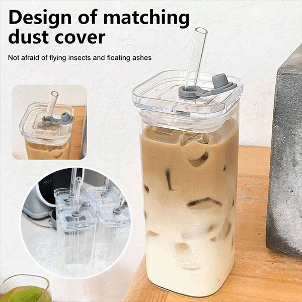 4 Pack Glass Cups with Lids and Straws 13oz Square Glasses Drinking Set